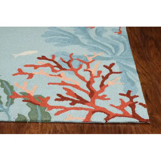Blue Hand Hooked Bordered Coral Reef Indoor Accent Rug Photo 4