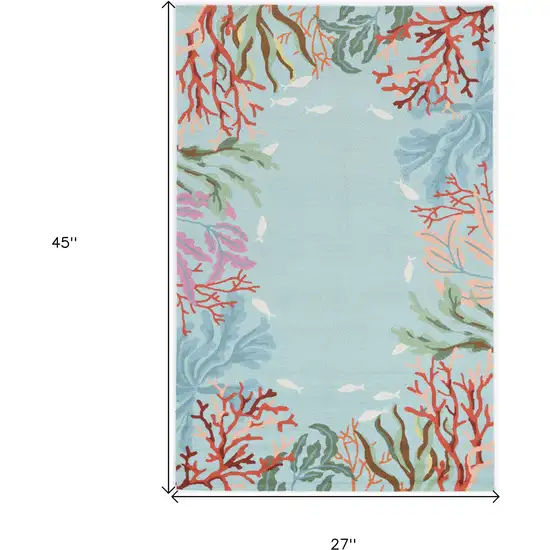 2'X4' Blue Hand Hooked Bordered Coral Reef Indoor Accent Rug Photo 3