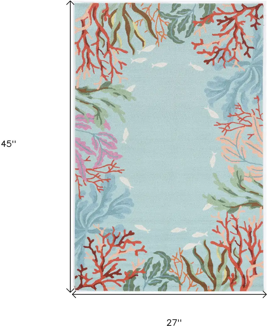 2'X4' Blue Hand Hooked Bordered Coral Reef Indoor Accent Rug Photo 3