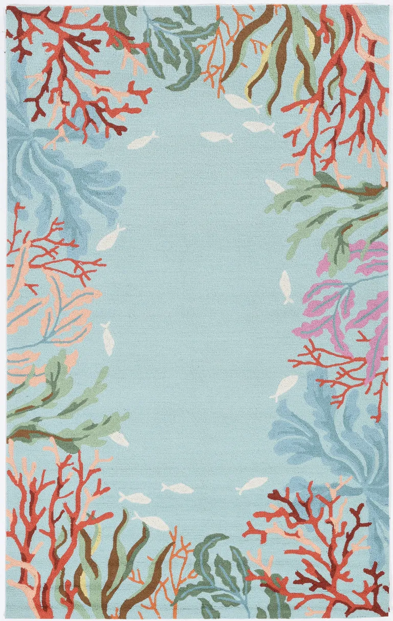Blue Hand Hooked Bordered Coral Reef Indoor Area Rug Photo 2