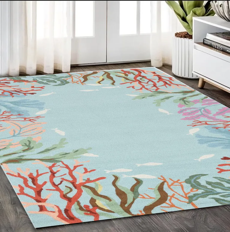 Blue Hand Hooked Bordered Coral Reef Indoor Area Rug Photo 1