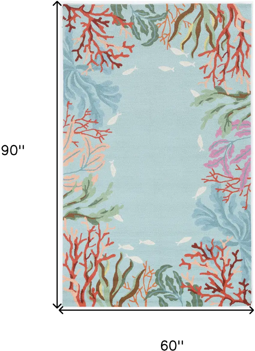 5'X8' Blue Hand Hooked Bordered Coral Reef Indoor Area Rug Photo 8