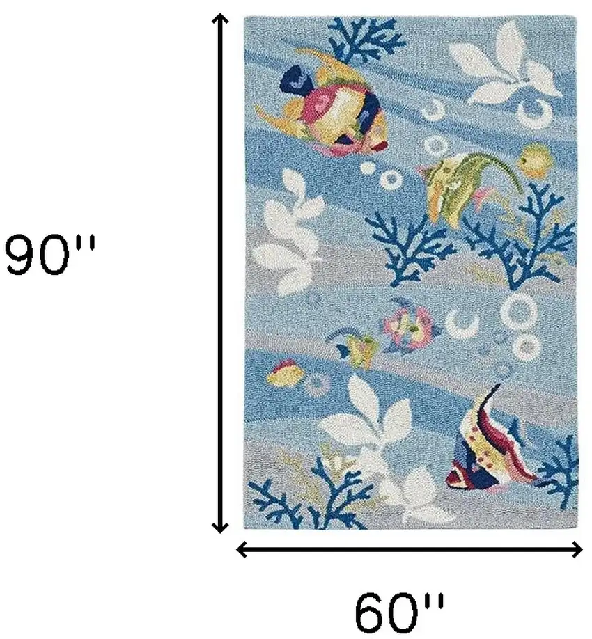 Blue Hand Hooked Marine Life Indoor Area Rug Photo 6