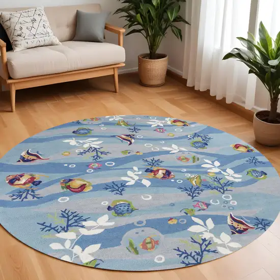 8' Blue Hand Hooked Marine Life Round Indoor Area Rug Photo 1