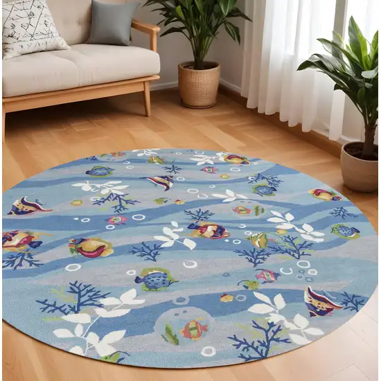 8' Blue Green And Red Fish and Coral Hand Hooked Round Rug Photo 1