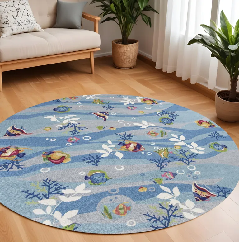 Blue Hand Hooked Marine Life Round Indoor Area Rug Photo 5