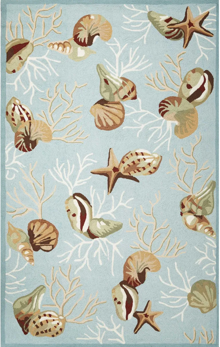 Blue Hand Hooked Sea Shells Indoor Accent Rug Photo 2