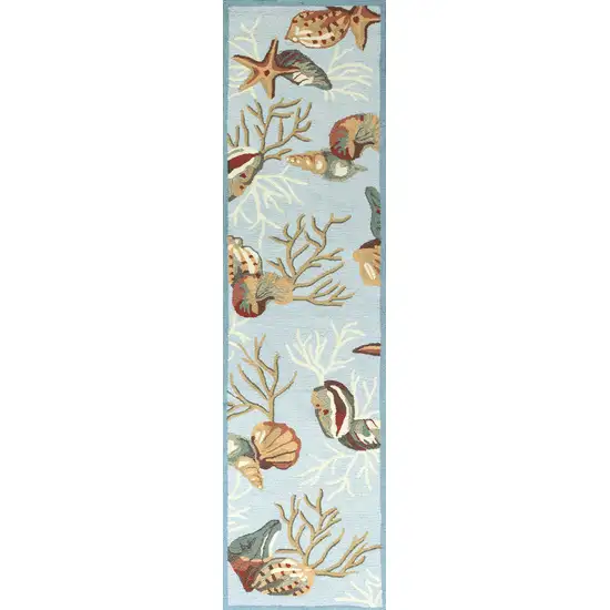 Blue Hand Hooked Sea Shells Indoor Runner Rug Photo 1