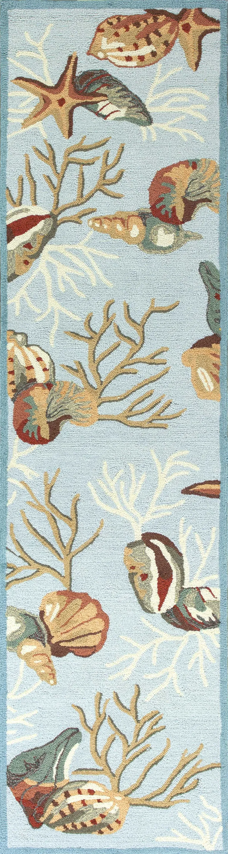 Blue Hand Hooked Sea Shells Indoor Runner Rug Photo 1
