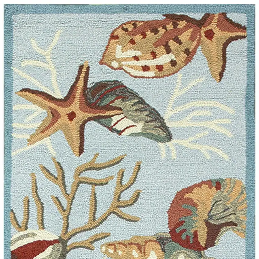 8' Blue Beige And Green Seashell and Coral Hand Tufted Runner Rug Photo 6