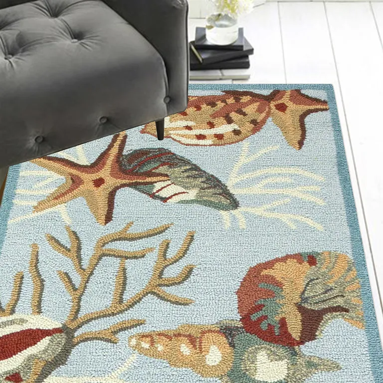 Blue Hand Hooked Sea Shells Indoor Runner Rug Photo 4