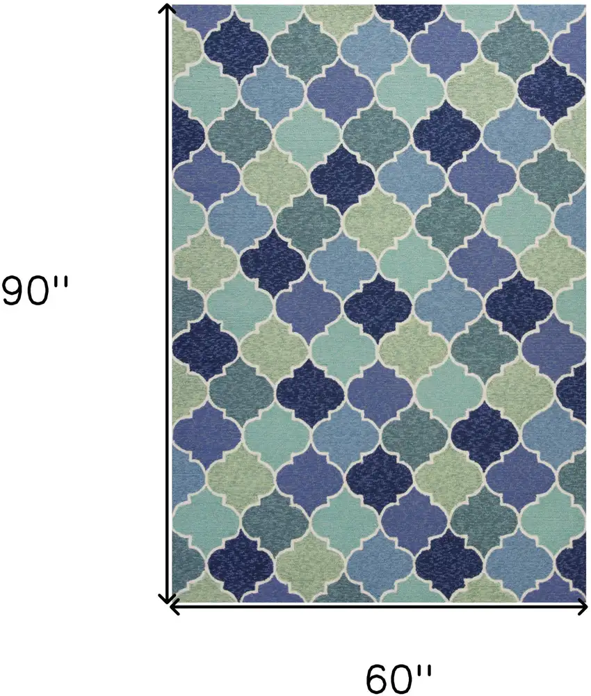 5'X8' Blue Hand Hooked Uv Treated Quatrefoil Indoor Outdoor Area Rug Photo 3