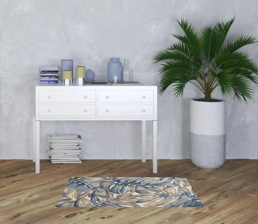 Beige and Blue Wool Tropical Botanical Hand Tufted Area Rug Photo 1