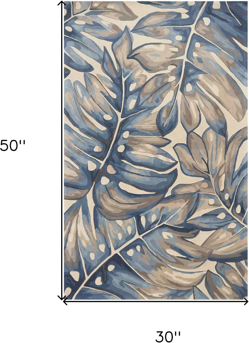 Beige and Blue Wool Tropical Botanical Hand Tufted Area Rug Photo 3