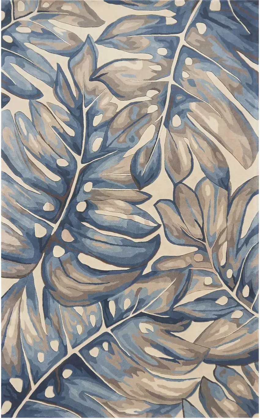 Beige and Blue Wool Tropical Botanical Hand Tufted Area Rug Photo 2