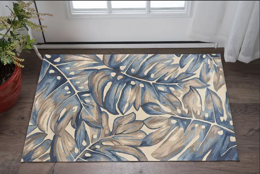 Beige and Blue Wool Tropical Botanical Hand Tufted Area Rug Photo 1