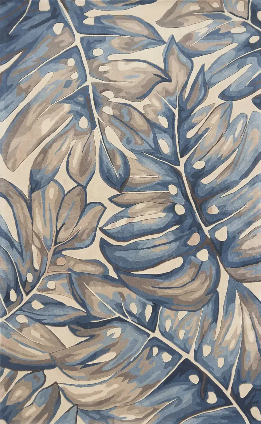 Beige and Blue Wool Tropical Botanical Hand Tufted Area Rug Photo 6