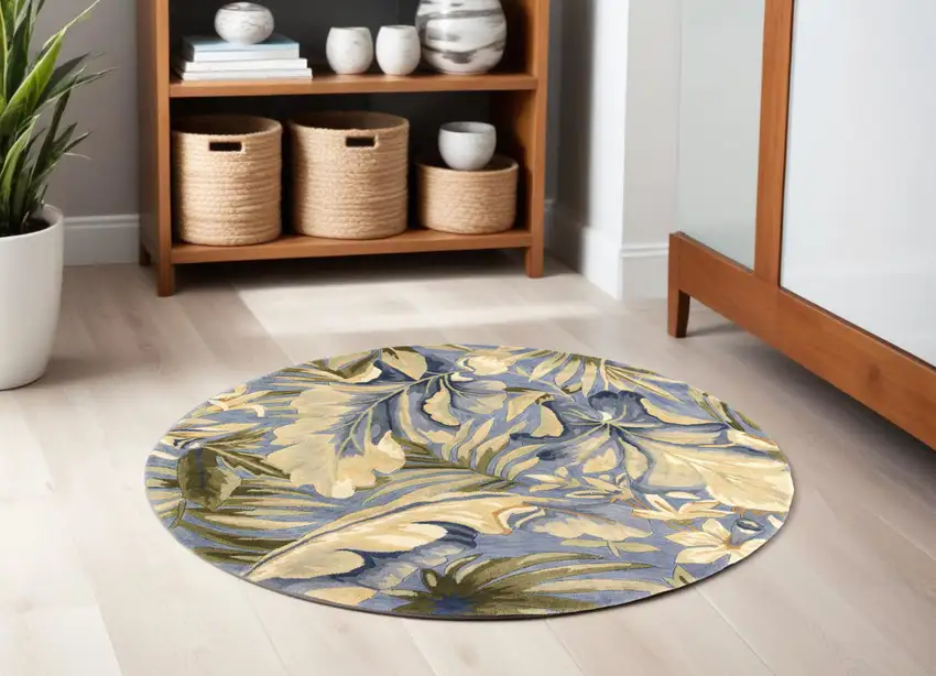 6' Blue Hand Tufted Tropical Plant Indoor Area Rug Photo 1
