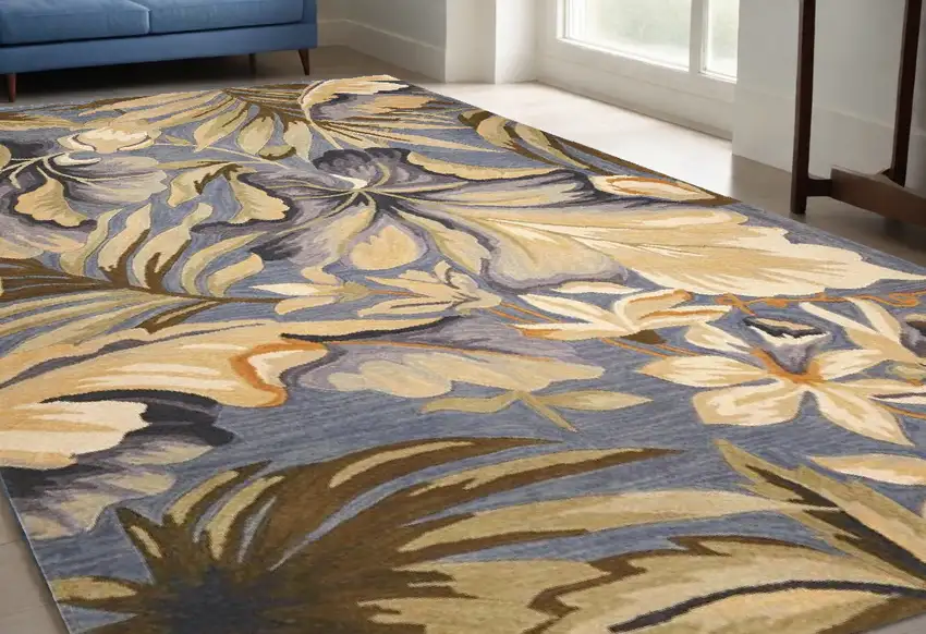 Blue Hand Tufted Tropical Plants Indoor Area Rug Photo 1