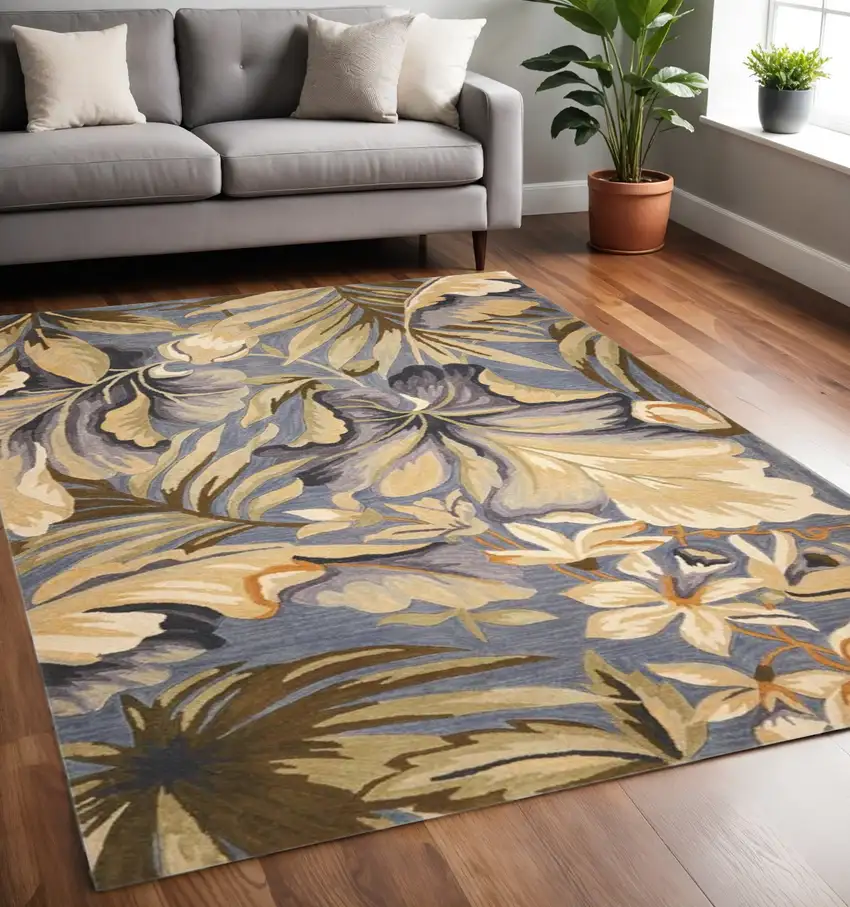 Blue Beige And Green Wool Tropical Botanical Hand Tufted Area Rug Photo 2