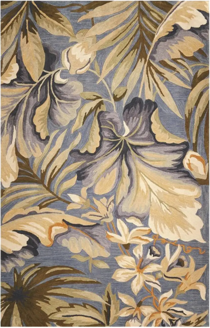 Blue Beige And Green Wool Tropical Botanical Hand Tufted Area Rug Photo 5