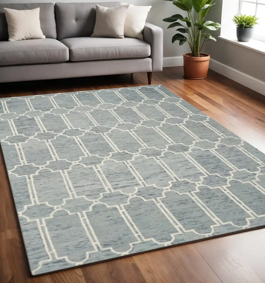 Slate Blue And Ivory Wool Geometric Hand Tufted Area Rug Photo 1
