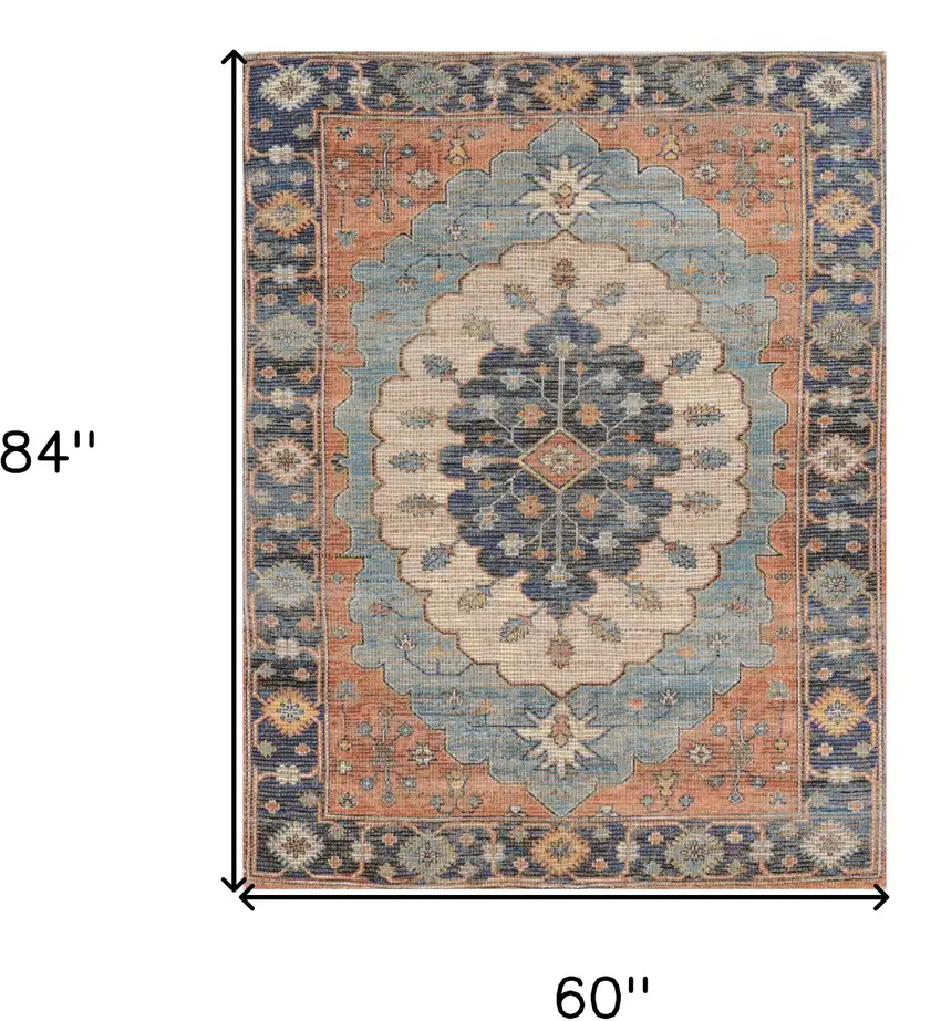 5'X7' Blue Hand Woven Floral Medallion Indoor Area Rug Photo 3