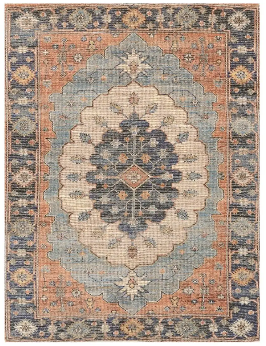 Blue Orange And Black Medallion Hand Woven Distressed Area Rug Photo 1