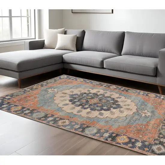 Blue Orange And Black Medallion Hand Woven Distressed Area Rug Photo 2
