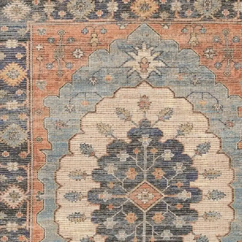 Blue Orange And Black Medallion Hand Woven Distressed Area Rug Photo 4