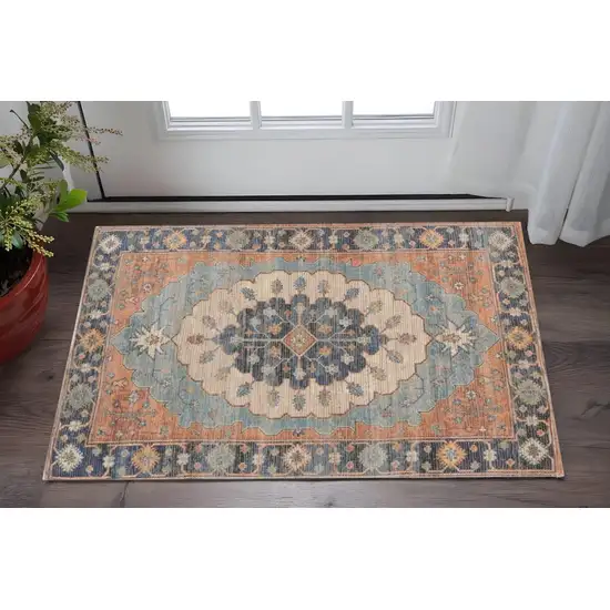 Blue Orange And Black Jute Medallion Hand Woven Area Rug Photo 1