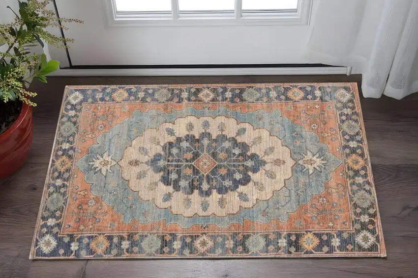 Blue Orange And Black Jute Medallion Hand Woven Area Rug Photo 1