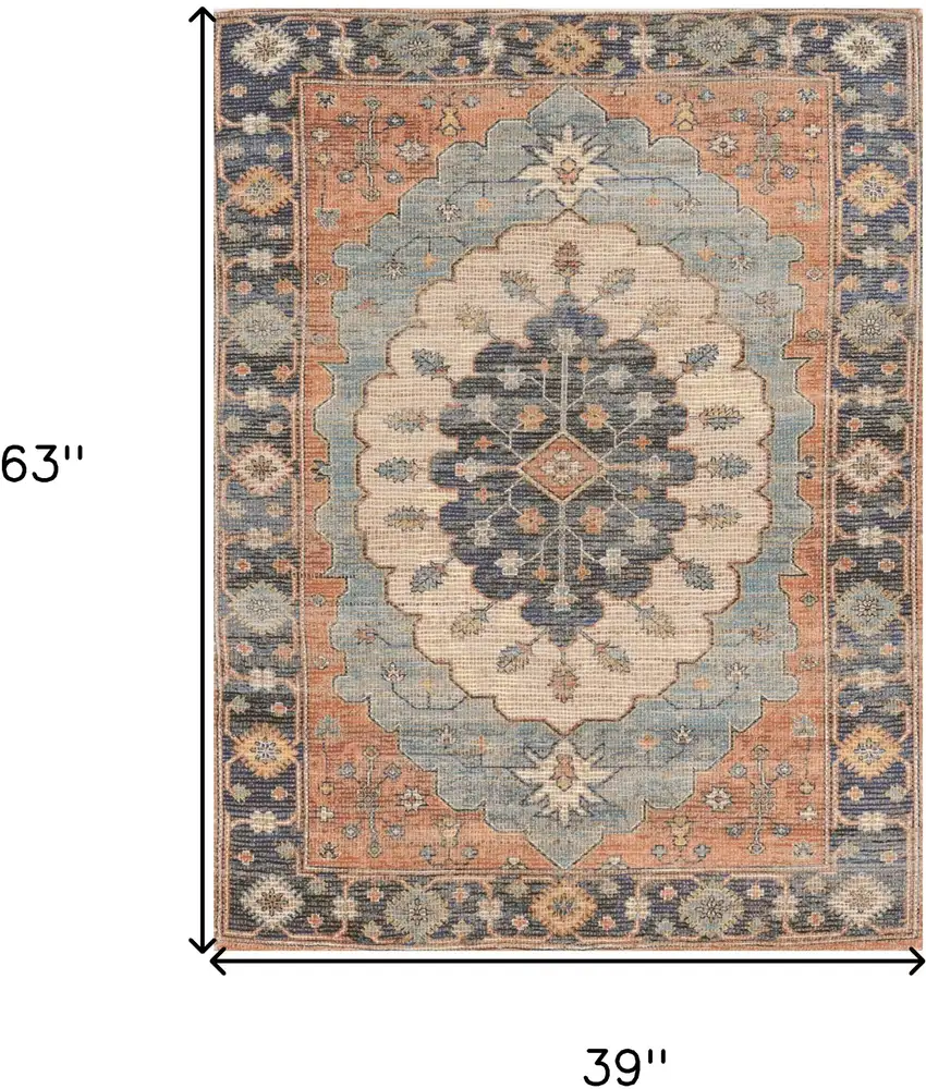 3'X5' Blue Hand Woven Oval Medallion Indoor Area Rug Photo 3