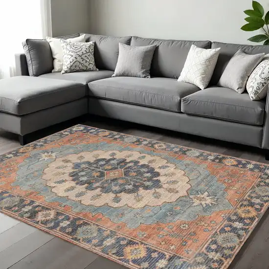 Blue Orange And Black Jute Medallion Hand Woven Area Rug Photo 1