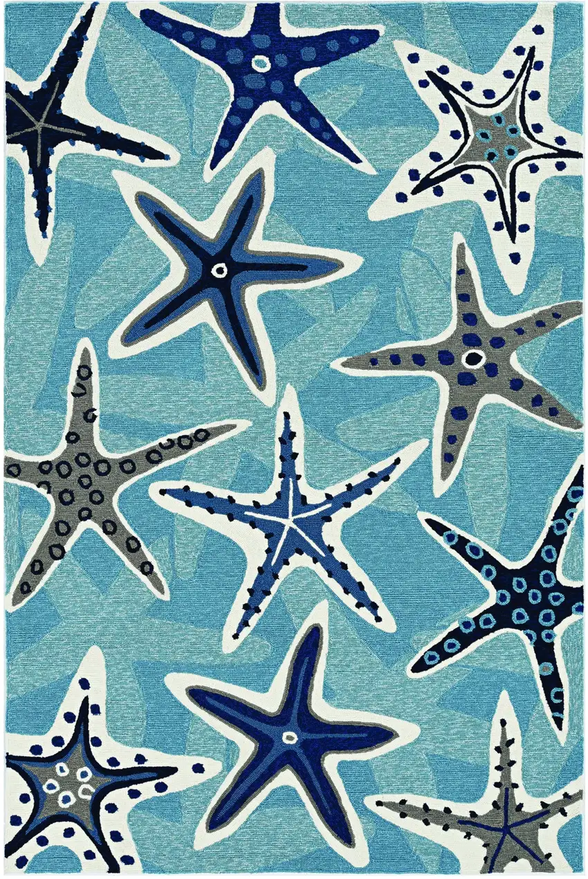 5'X8' Blue Hand Woven Uv Treated Coastal Starfish Indoor Outdoor Area Rug Photo 2