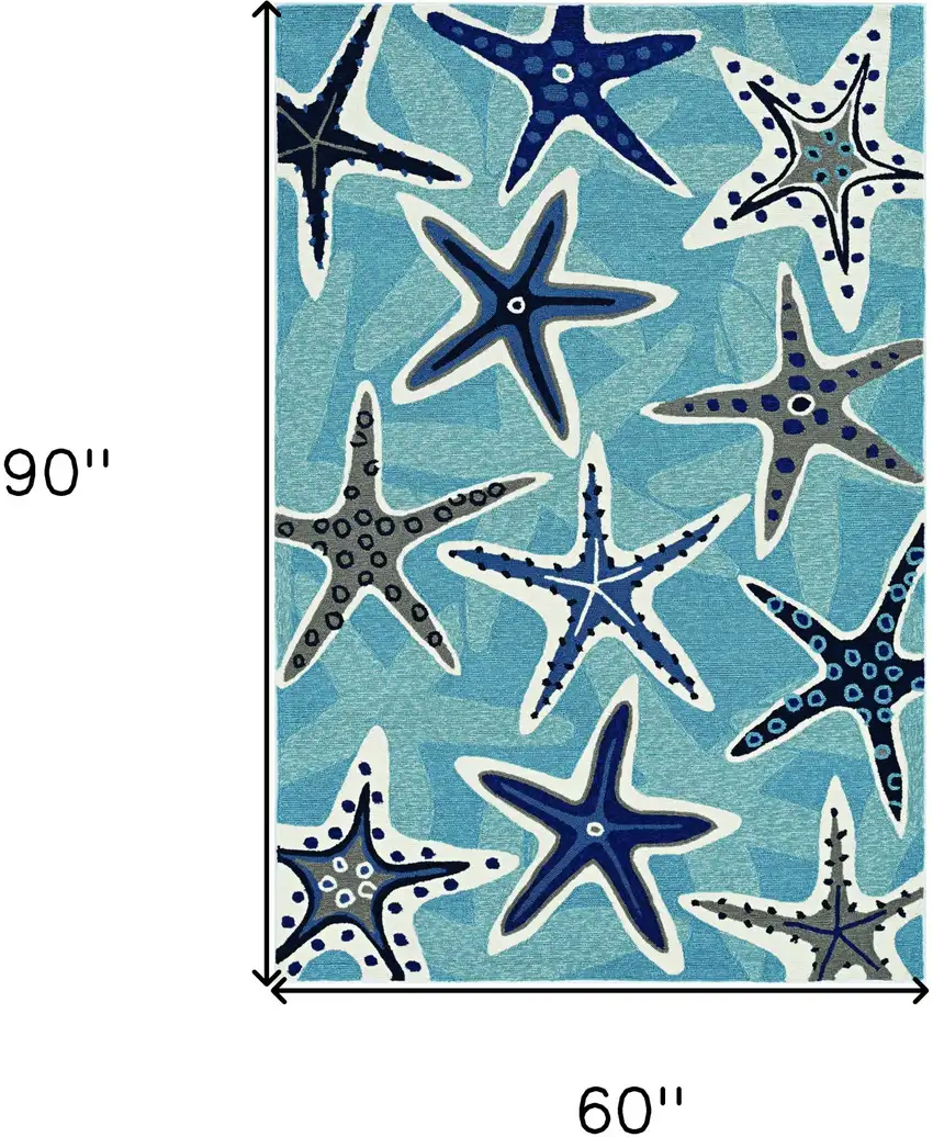 5'X8' Blue Hand Woven Uv Treated Coastal Starfish Indoor Outdoor Area Rug Photo 3