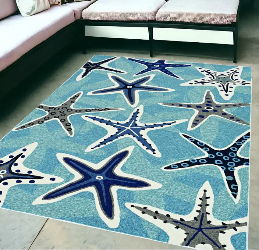 5'X8' Blue Hand Woven Uv Treated Coastal Starfish Indoor Outdoor Area Rug Photo 1