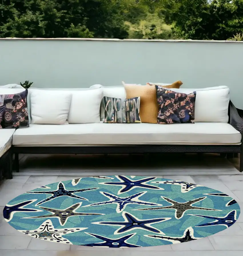 8' Blue Hand Woven Uv Treated Coastal Starfish Round Indoor Outdoor Area Rug Photo 1
