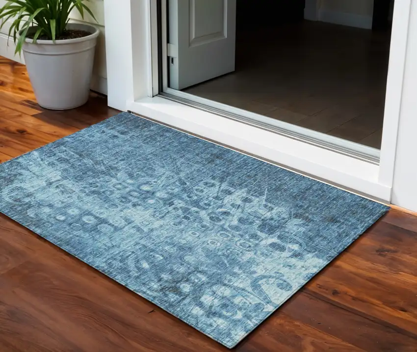 Blue Ikat Washable Non Skid Indoor Outdoor Area Rug Photo 1