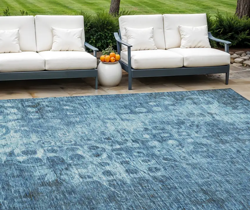Blue Ikat Washable Non Skid Indoor Outdoor Area Rug Photo 1