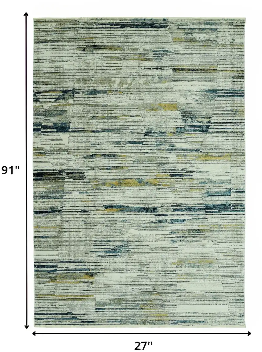 Ivory and Blue Abstract Runner Rug Photo 7
