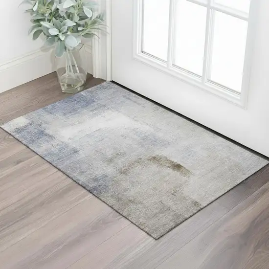 Blue Ivory And Beige Abstract Washable Area Rug With UV Protection Photo 1