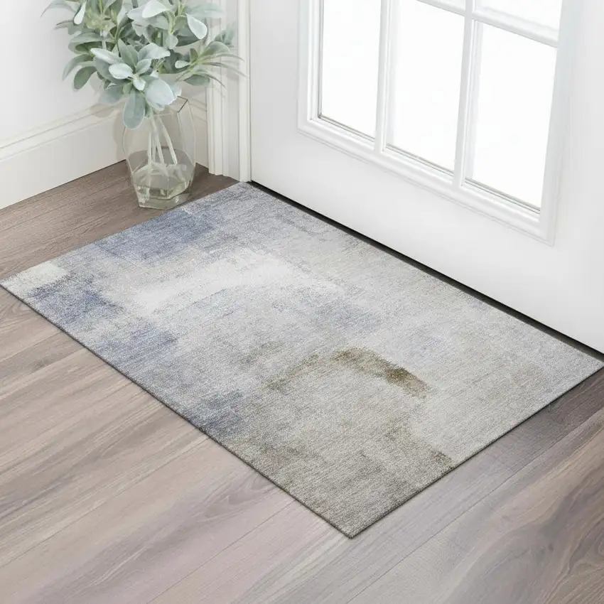 Blue Ivory And Beige Abstract Washable Area Rug With UV Protection Photo 1