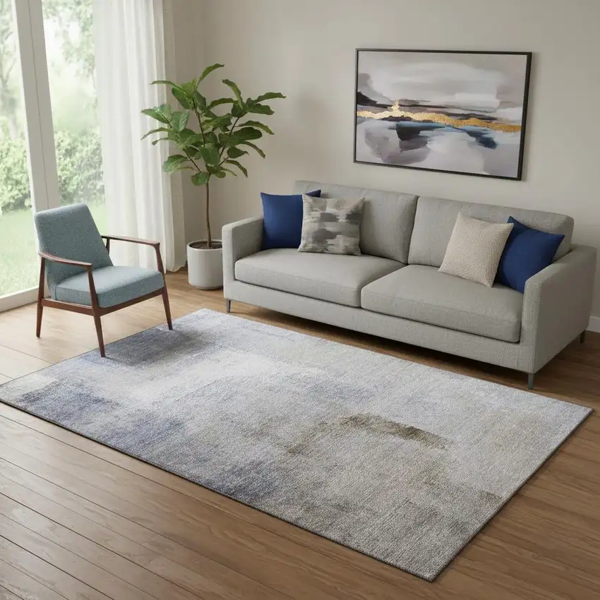 Blue Ivory And Beige Abstract Washable Area Rug With UV Protection Photo 1