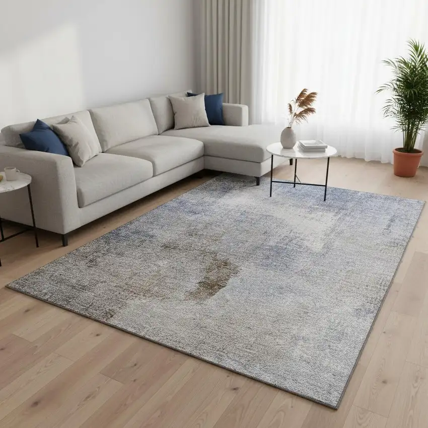 Blue Ivory And Beige Abstract Washable Area Rug With UV Protection Photo 2