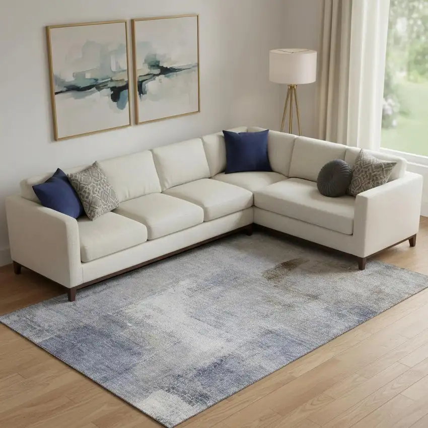 Blue Ivory And Beige Abstract Washable Area Rug With UV Protection Photo 1