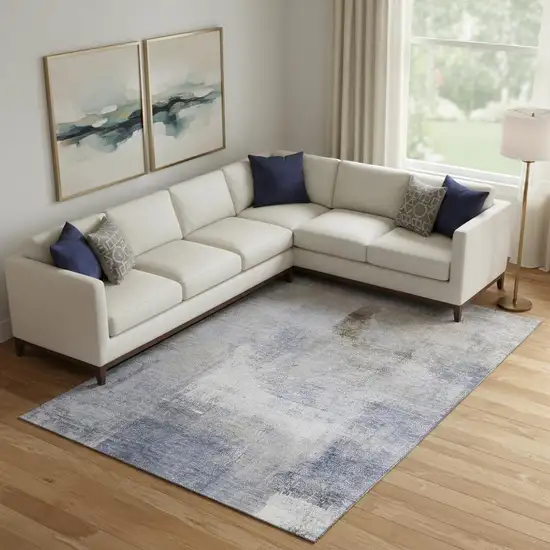 Blue Ivory And Beige Abstract Washable Area Rug With UV Protection Photo 1