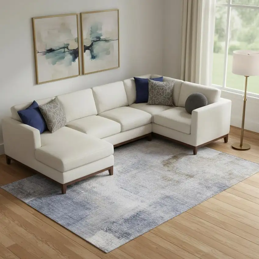 Blue Ivory And Beige Abstract Washable Area Rug With UV Protection Photo 1