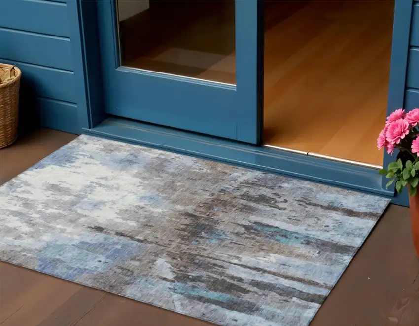 Blue Ivory And Beige Abstract Washable Indoor Outdoor Area Rug Photo 1