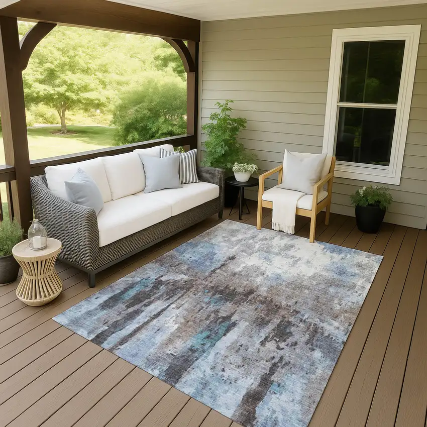 Blue Ivory And Beige Abstract Washable Indoor Outdoor Area Rug Photo 7